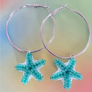 3D BEADED STARFISH HOOP EARRINGS- TEAL